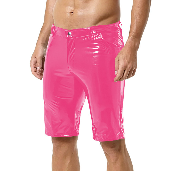 Men Fashion Shiny Wet Look PVC Leather Pencil Shorts Casulal Pockets Slim Knee-length Pants Nightclub Dance Party  Punk Costumes