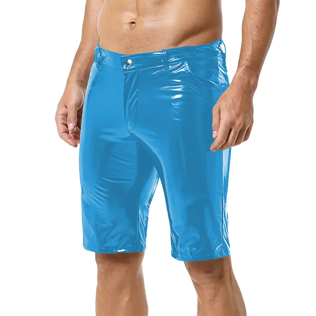 Men Fashion Shiny Wet Look PVC Leather Pencil Shorts Casulal Pockets Slim Knee-length Pants Nightclub Dance Party  Punk Costumes