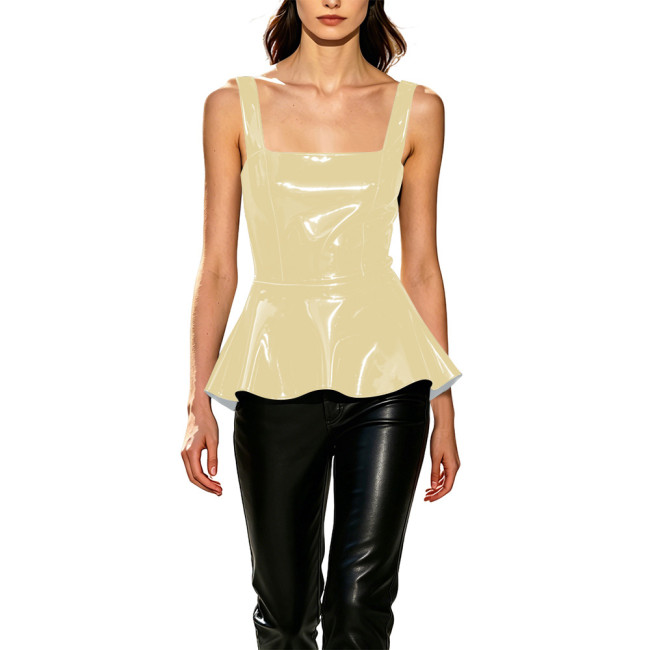 Vinyl Leather Vest for Womens Sexy Fashion Square Collar Ruffles Hem Slim Tank Tops Sleeveless T-shirts Wetlook Party Club Wear