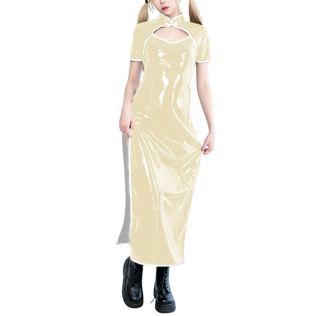 Sissy PVC Shiny Leather Hollow Out Long Dress with Side Slit Elegant Cheongsam Evening Gown Party Cosplay Sexy Carnival Suit 7XL