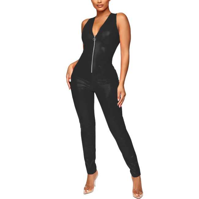 Faux Latex PVC Women Sleeveless Catsuit with Front Zip Vinyl Glossy Leather Lady's Jumpsuit Sexy V-neck Tight Female Bodysuit