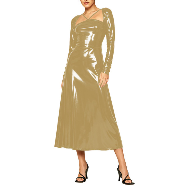Elegant Glossy Leather Long Dress Hollow Out Flared Evening Gown Party Daily Wear Long Sleeve Wet Look Vestidos Womens Outfits