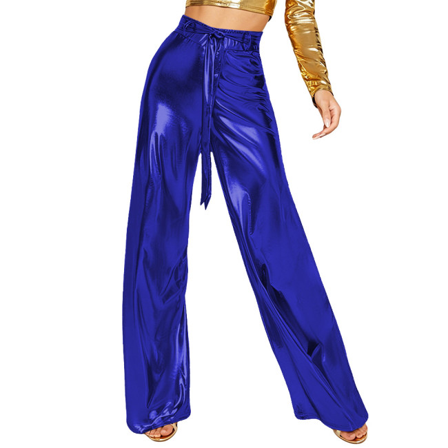 Women Liquid Metallic Wide Leg Pants Fashion High Waist Casual Loose Trousers Female Club Bottoms Long Straight Pants Streetwear