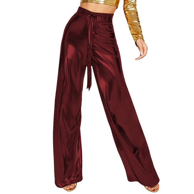 Women Liquid Metallic Wide Leg Pants Fashion High Waist Casual Loose Trousers Female Club Bottoms Long Straight Pants Streetwear