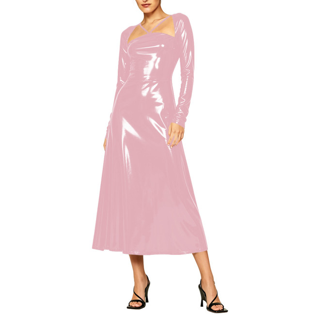 Elegant Glossy Leather Long Dress Hollow Out Flared Evening Gown Party Daily Wear Long Sleeve Wet Look Vestidos Womens Outfits