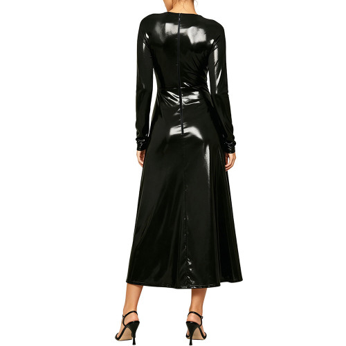 Elegant Glossy Leather Long Dress Hollow Out Flared Evening Gown Party Daily Wear Long Sleeve Wet Look Vestidos Womens Outfits