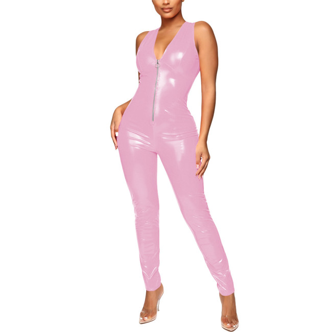 Faux Latex PVC Women Sleeveless Catsuit with Front Zip Vinyl Glossy Leather Lady's Jumpsuit Sexy V-neck Tight Female Bodysuit