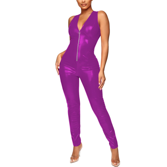 Faux Latex PVC Women Sleeveless Catsuit with Front Zip Vinyl Glossy Leather Lady's Jumpsuit Sexy V-neck Tight Female Bodysuit