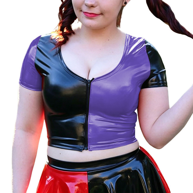 Women's Patchwork Crop Tops Short Sleeve Tees Sexy O-neck Front Zipper PVC Shiny Short Jackets Halloween Party Cosplay Outfits