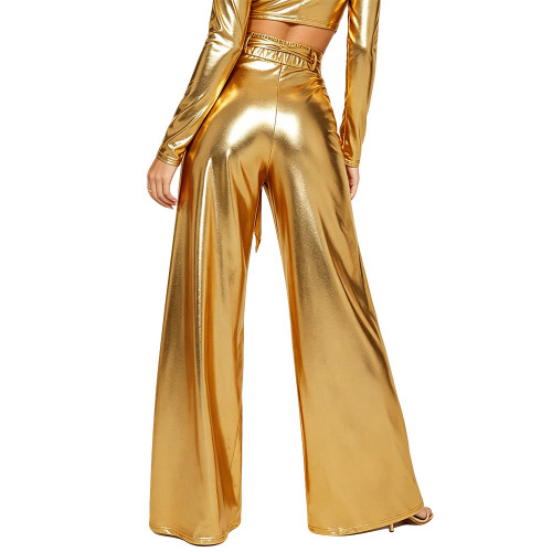 Women Liquid Metallic Wide Leg Pants Fashion High Waist Casual Loose Trousers Female Club Bottoms Long Straight Pants Streetwear