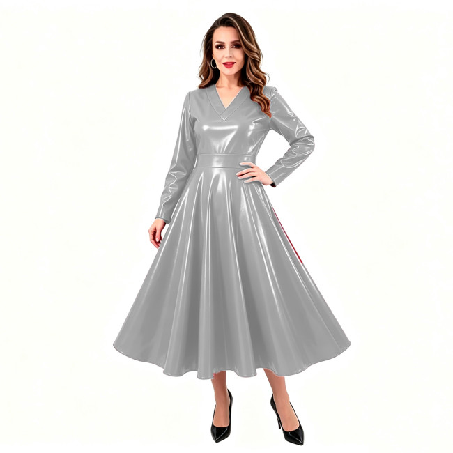 Plus Size Sexy Leopard Print A-line Midi Dress Womens Club Back Zipper Party Long Dresses Glossy Patent Leather Swing Dress