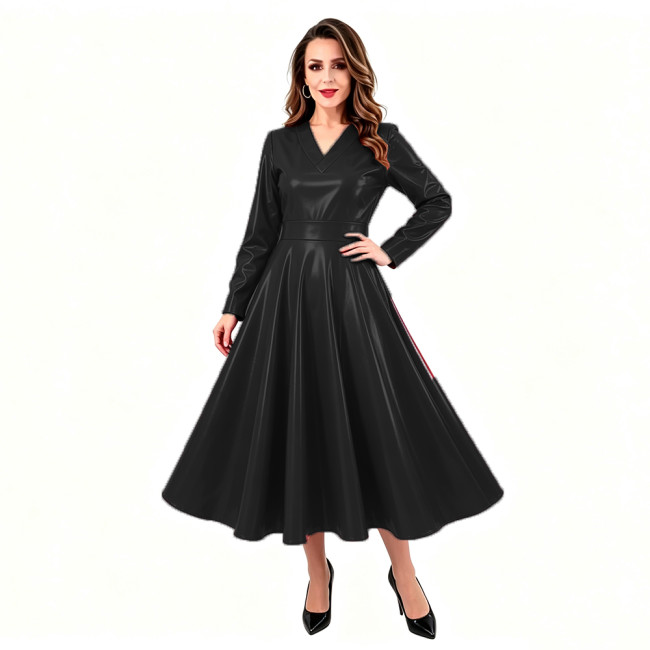 Plus Size Sexy Leopard Print A-line Midi Dress Womens Club Back Zipper Party Long Dresses Glossy Patent Leather Swing Dress