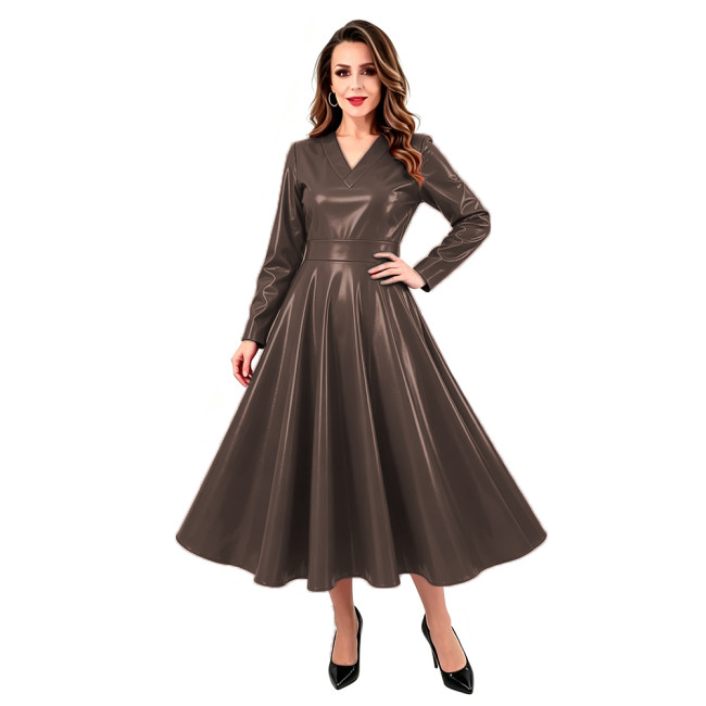 Plus Size Sexy Leopard Print A-line Midi Dress Womens Club Back Zipper Party Long Dresses Glossy Patent Leather Swing Dress