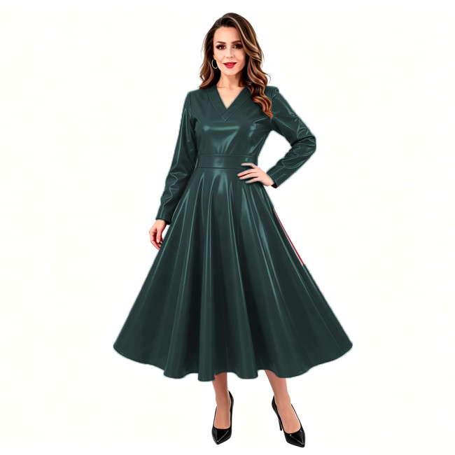 Plus Size Sexy Leopard Print A-line Midi Dress Womens Club Back Zipper Party Long Dresses Glossy Patent Leather Swing Dress