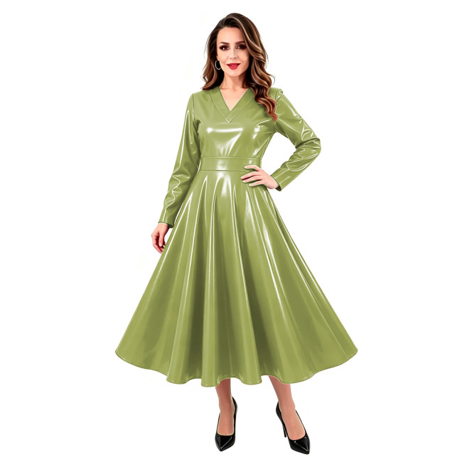 Plus Size Sexy Leopard Print A-line Midi Dress Womens Club Back Zipper Party Long Dresses Glossy Patent Leather Swing Dress