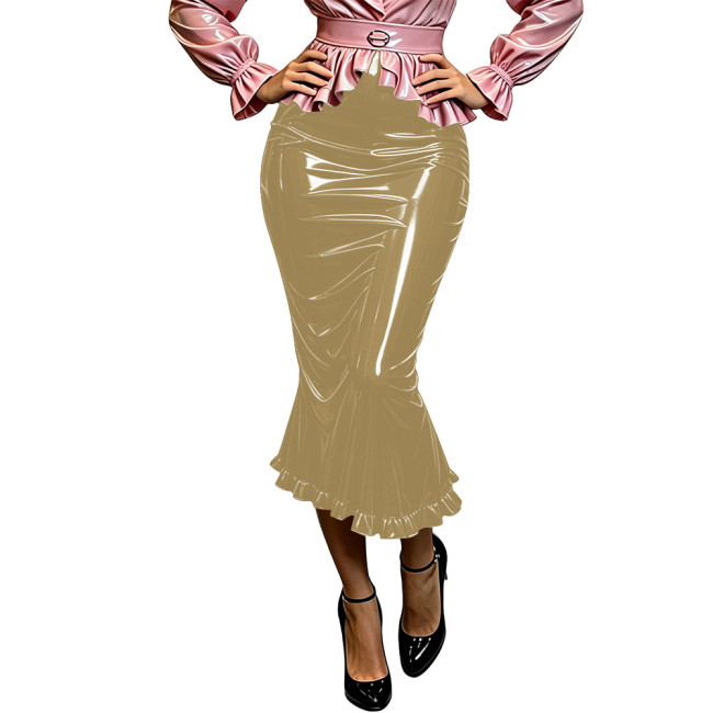Plus Size Glossy Wet Look PVC Mermaid Skirt Women High Waist Slim Midi Fishtail Skirt Club Evening Party Flared Skirt Bottoms