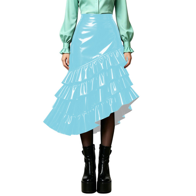 Plus Size Wet PVC Leather Tiered Ruffle Midi Skirt Women High Waist Asymmetrical Irregular Hem Flared Skirt Fashion Bottom 8XL