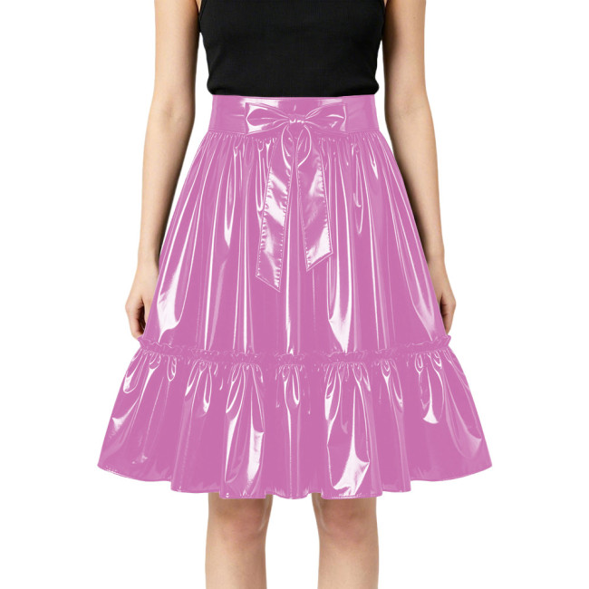 Plus Size Glossy Bow Flared Midi Skirt High Waist Ruffle A Line PVC Leather Swing Skirt Club Lolita Cosplay Party Skirts Bottoms