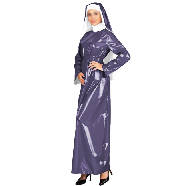 New Glossy PVC Adult Nun Dress Outfits High Neck Long Belted Dress with Wimple Wetlook Halloween Cosplay Masquerade Costumes