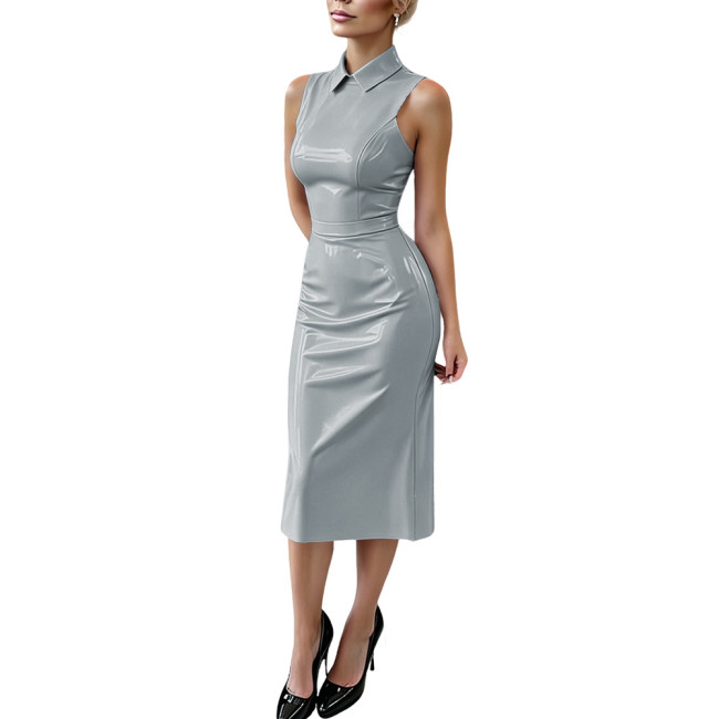 Plus Size Glossy PVC Leather Midi Dress Sleeveless Lapel Collar Wetlook Bodycon Slim Dress Night Club Party Fashion Dress Outfit