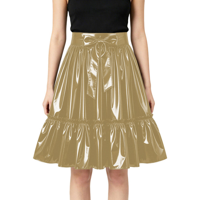 Plus Size Glossy Bow Flared Midi Skirt High Waist Ruffle A Line PVC Leather Swing Skirt Club Lolita Cosplay Party Skirts Bottoms