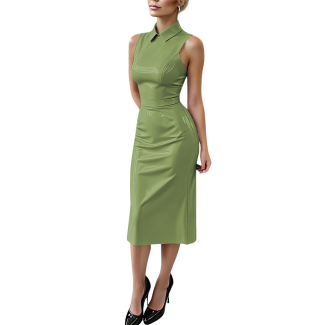 Plus Size Glossy PVC Leather Midi Dress Sleeveless Lapel Collar Wetlook Bodycon Slim Dress Night Club Party Fashion Dress Outfit