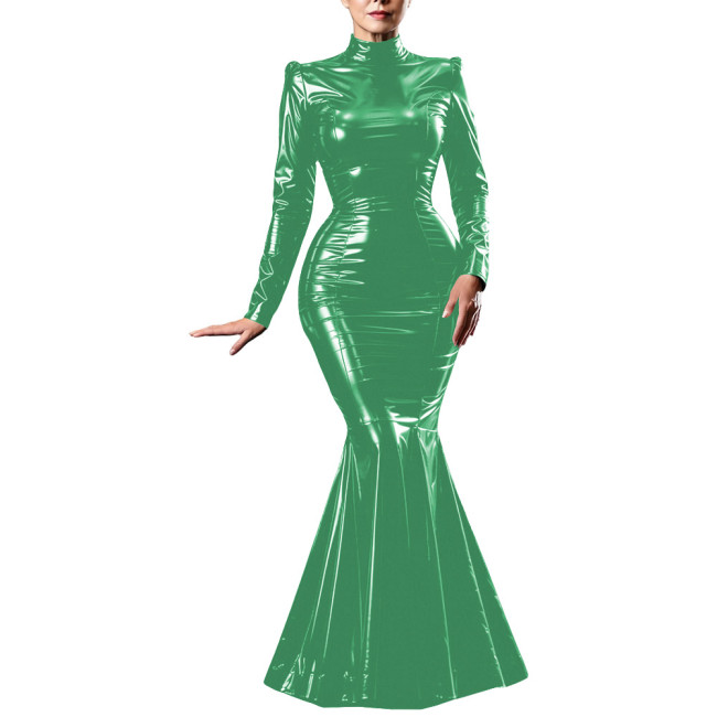 Plus Size Womens Shiny PVC Mermaid Maxi Dress High Neck Long Sleeve Glossy Floor Leather Dress Party Bodycon Trumpet Gown Outfit