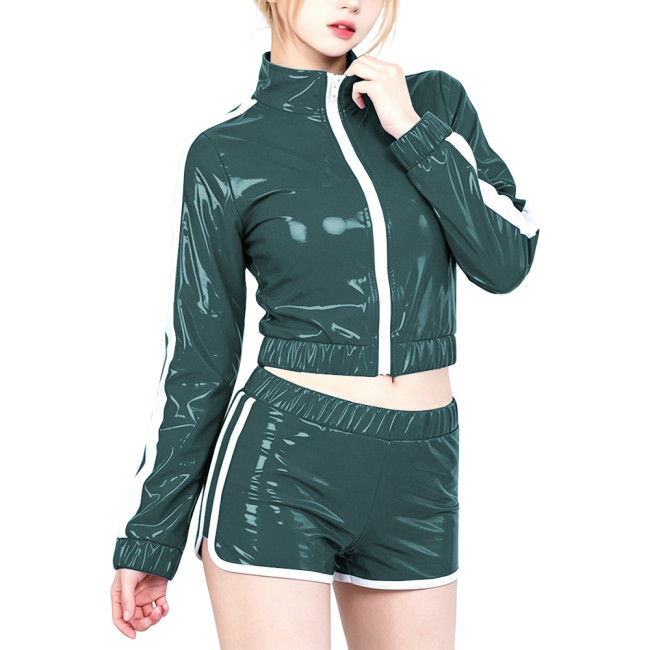 Plus Size Glossy PVC Women's Set Long Sleeve Jacket Strip Shorts Suit Vinyl Tracksuit Club Sport Cosplay Party Two Piece Outfit