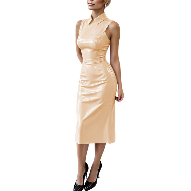 Plus Size Glossy PVC Leather Midi Dress Sleeveless Lapel Collar Wetlook Bodycon Slim Dress Night Club Party Fashion Dress Outfit