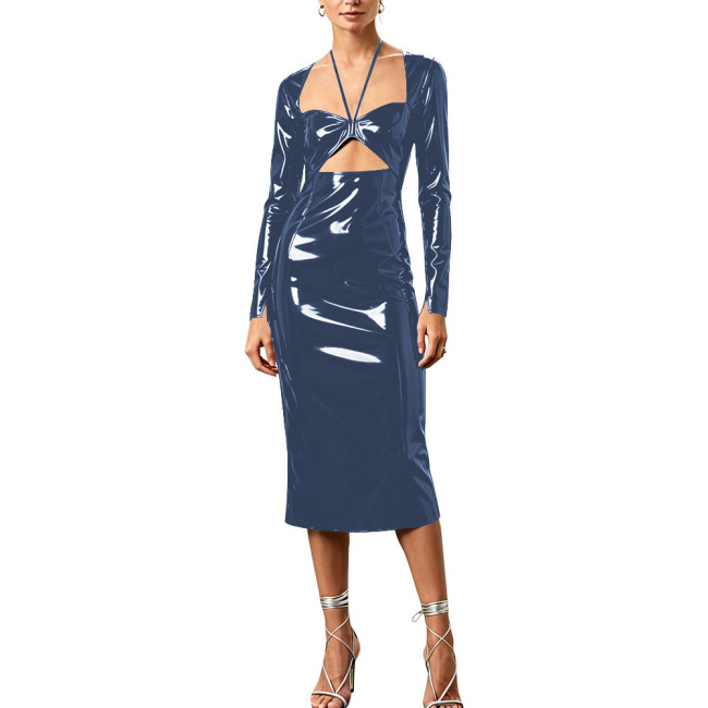Plus Size PVC Vinyl Leather Midi Pencil Dress Long Sleeve Halter Cutout Front Glossy Dress Women Night Club Cocktail Vestidos