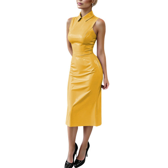 Plus Size Glossy PVC Leather Midi Dress Sleeveless Lapel Collar Wetlook Bodycon Slim Dress Night Club Party Fashion Dress Outfit