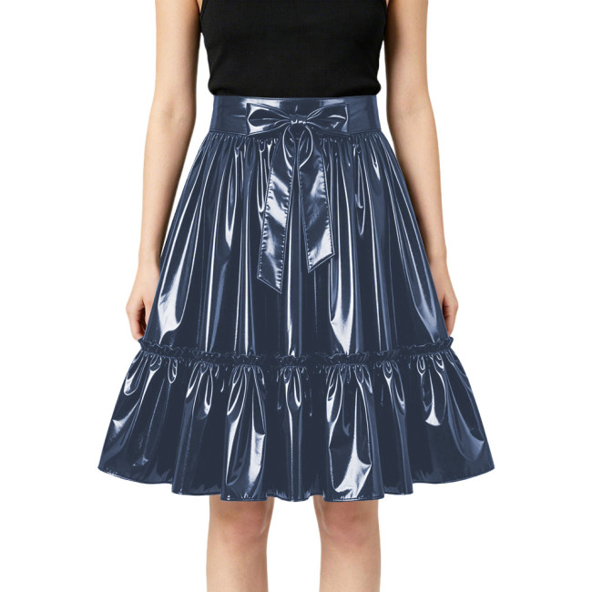 Plus Size Glossy Bow Flared Midi Skirt High Waist Ruffle A Line PVC Leather Swing Skirt Club Lolita Cosplay Party Skirts Bottoms