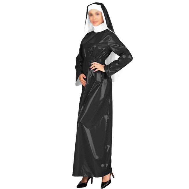New Glossy PVC Adult Nun Dress Outfits High Neck Long Belted Dress with Wimple Wetlook Halloween Cosplay Masquerade Costumes
