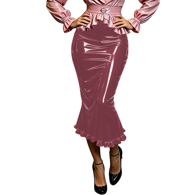 Plus Size Glossy Wet Look PVC Mermaid Skirt Women High Waist Slim Midi Fishtail Skirt Club Evening Party Flared Skirt Bottoms