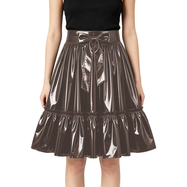 Plus Size Glossy Bow Flared Midi Skirt High Waist Ruffle A Line PVC Leather Swing Skirt Club Lolita Cosplay Party Skirts Bottoms