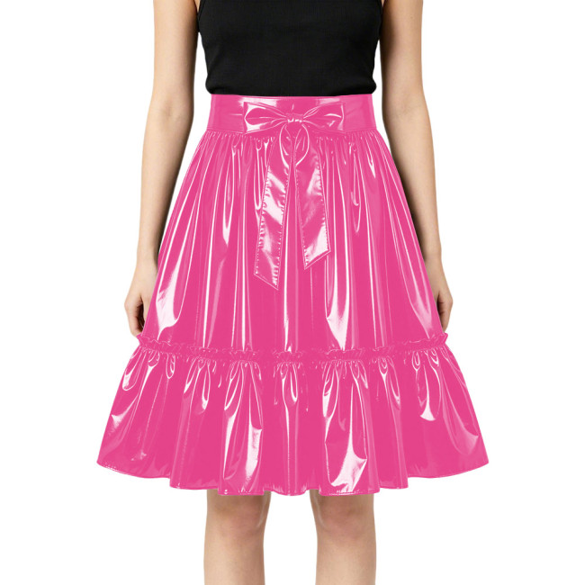 Plus Size Glossy Bow Flared Midi Skirt High Waist Ruffle A Line PVC Leather Swing Skirt Club Lolita Cosplay Party Skirts Bottoms