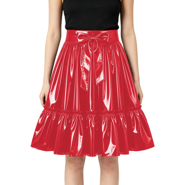 Plus Size Glossy Bow Flared Midi Skirt High Waist Ruffle A Line PVC Leather Swing Skirt Club Lolita Cosplay Party Skirts Bottoms