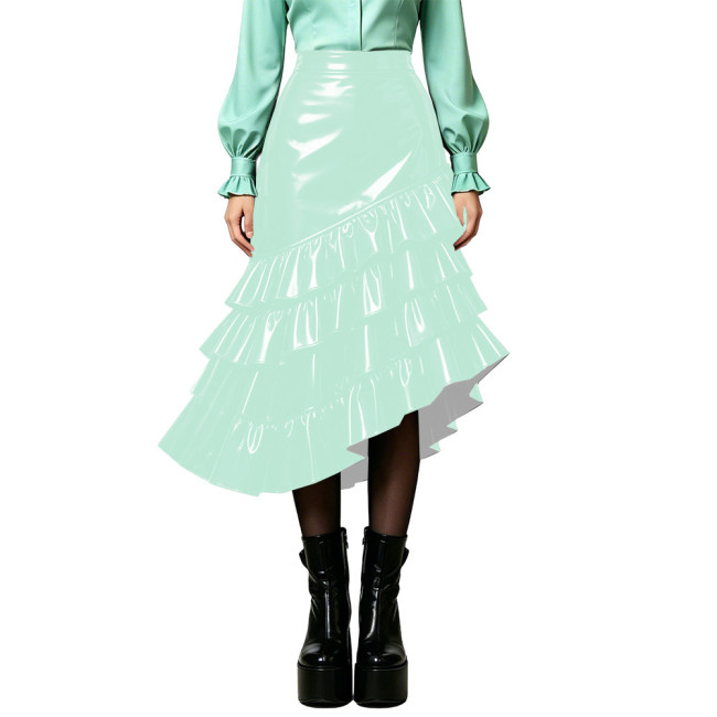 Plus Size Wet PVC Leather Tiered Ruffle Midi Skirt Women High Waist Asymmetrical Irregular Hem Flared Skirt Fashion Bottom 8XL