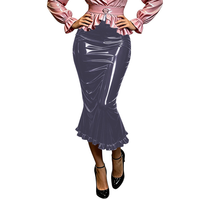 Plus Size Glossy Wet Look PVC Mermaid Skirt Women High Waist Slim Midi Fishtail Skirt Club Evening Party Flared Skirt Bottoms