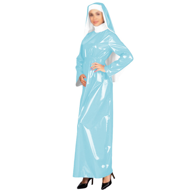 New Glossy PVC Adult Nun Dress Outfits High Neck Long Belted Dress with Wimple Wetlook Halloween Cosplay Masquerade Costumes