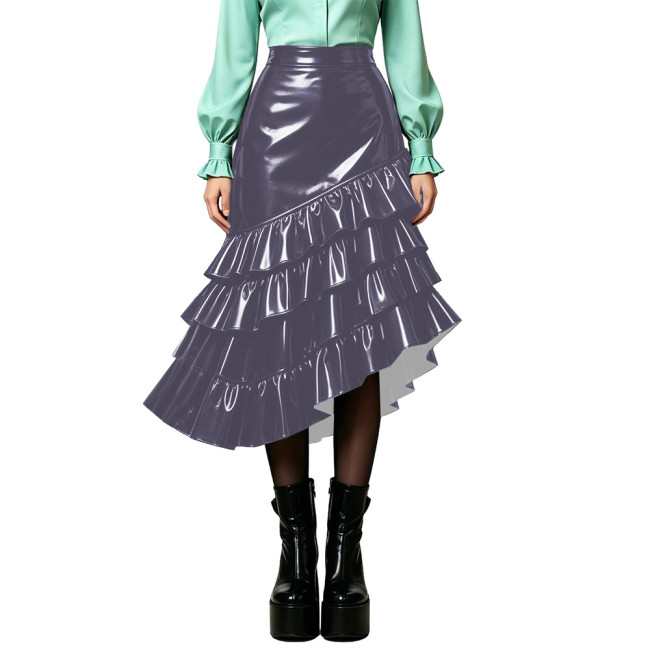 Plus Size Wet PVC Leather Tiered Ruffle Midi Skirt Women High Waist Asymmetrical Irregular Hem Flared Skirt Fashion Bottom 8XL