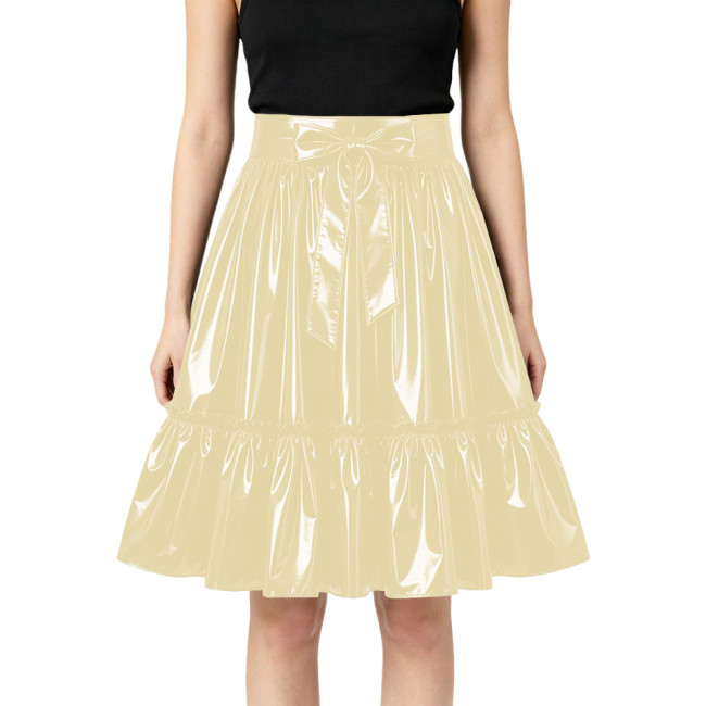 Plus Size Glossy Bow Flared Midi Skirt High Waist Ruffle A Line PVC Leather Swing Skirt Club Lolita Cosplay Party Skirts Bottoms