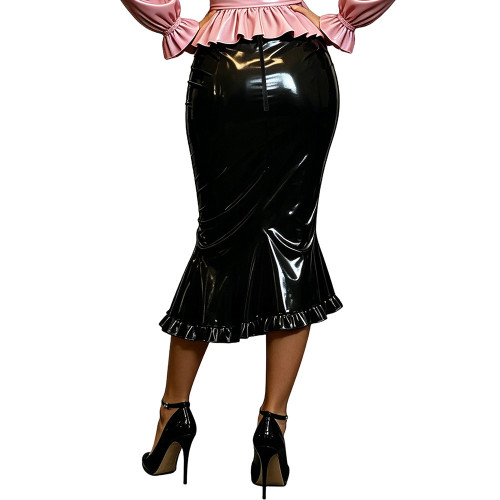 Plus Size Glossy Wet Look PVC Mermaid Skirt Women High Waist Slim Midi Fishtail Skirt Club Evening Party Flared Skirt Bottoms