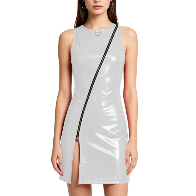 Plus Size PVC Vinyl Leather Mini Dress for Women Front Slant Zipper Slit Hem Tight Dress Wetlook Sexy Tank Dress Punk Party Wear