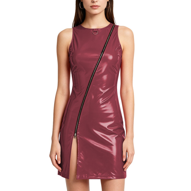 Plus Size PVC Vinyl Leather Mini Dress for Women Front Slant Zipper Slit Hem Tight Dress Wetlook Sexy Tank Dress Punk Party Wear