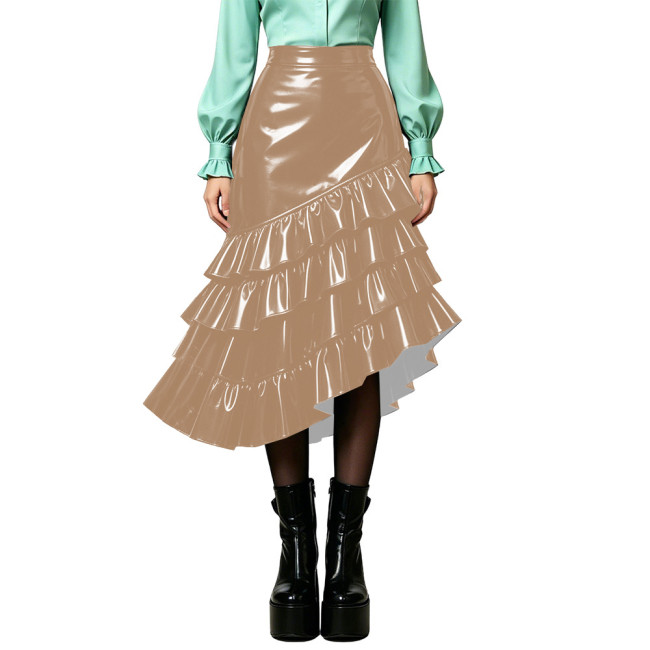 Plus Size Wet PVC Leather Tiered Ruffle Midi Skirt Women High Waist Asymmetrical Irregular Hem Flared Skirt Fashion Bottom 8XL