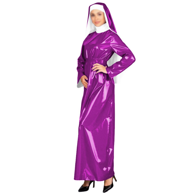 New Glossy PVC Adult Nun Dress Outfits High Neck Long Belted Dress with Wimple Wetlook Halloween Cosplay Masquerade Costumes