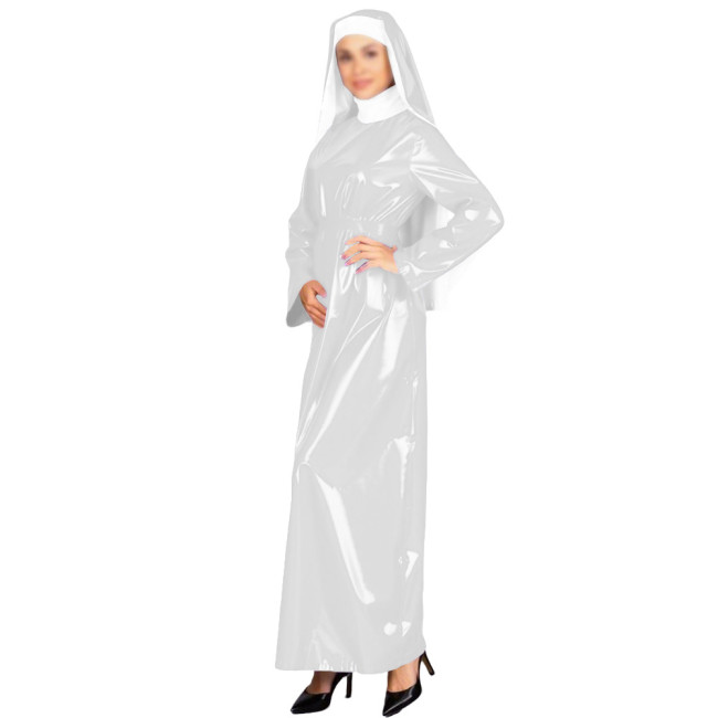 New Glossy PVC Adult Nun Dress Outfits High Neck Long Belted Dress with Wimple Wetlook Halloween Cosplay Masquerade Costumes