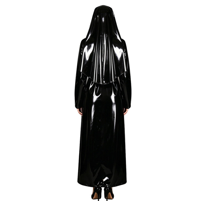 New Glossy PVC Adult Nun Dress Outfits High Neck Long Belted Dress with Wimple Wetlook Halloween Cosplay Masquerade Costumes