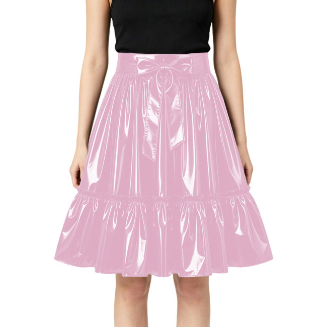 Plus Size Glossy Bow Flared Midi Skirt High Waist Ruffle A Line PVC Leather Swing Skirt Club Lolita Cosplay Party Skirts Bottoms